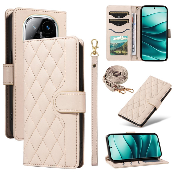 Flip case for Xiaomi Redmi Note 14 Pro 5G / Xiaomi Redmi Note 14 Pro+ 5G / Xiaomi Poco X7 5G, Rhombus Crossbody Leather, beige