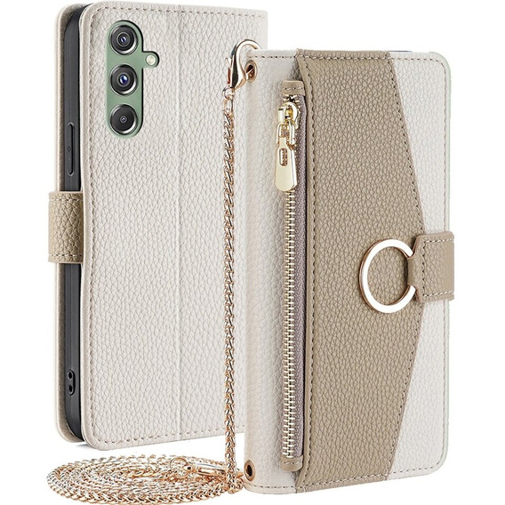 Flip case for Samsung Galaxy M34 5G, Wallet Zipper Pocket, with mirror, white
