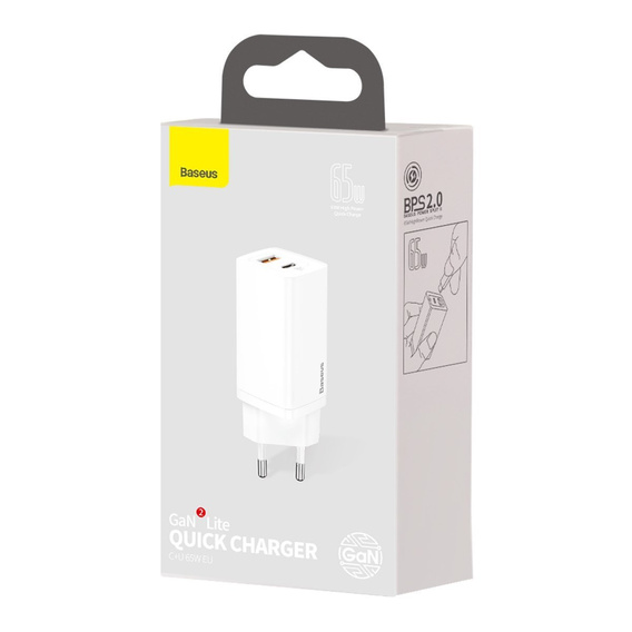 Baseus GaN2 Lite 65 W USB-C + USB-A mains charger, white (EU)