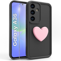 Case for Samsung Galaxy A36, Silicone Heart, black + 9H tempered glass
