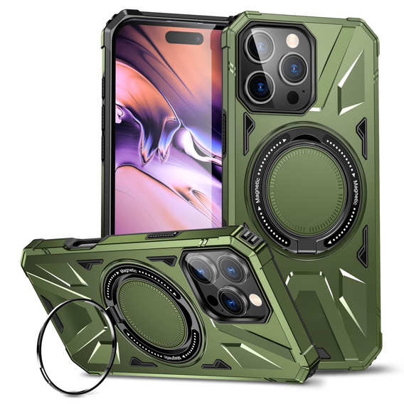 Case for iPhone 16 Pro Max, armored with stand and handle plate, green