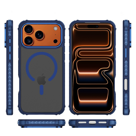 Matt Case for iPhone 17 Pro Max, armoured, for MagSafe, smoky with blue sides