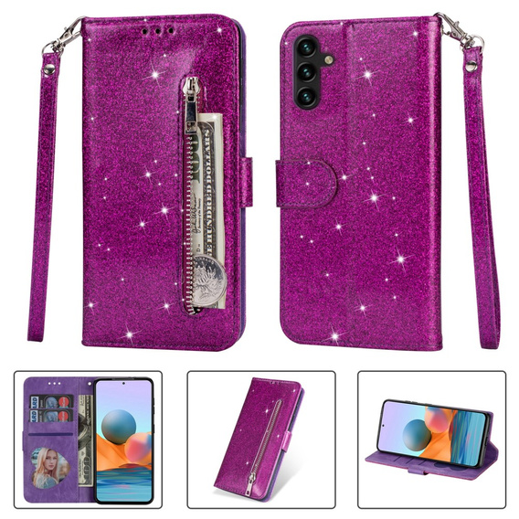 Flip case for Samsung Galaxy A35 5G, Wallet Zipper Pocket Glittery, purple