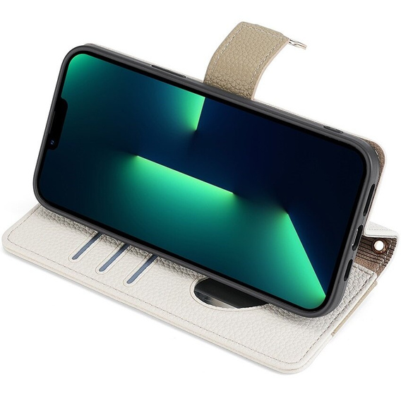 Flip case for iPhone 15 Pro, Wallet Zipper Pocket, with mirror, white