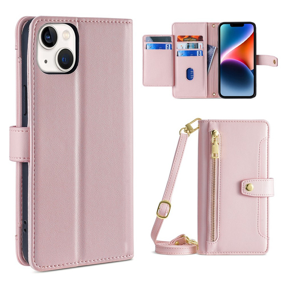 Flip case for iPhone 14, Wallet Zipper Pocket, pink