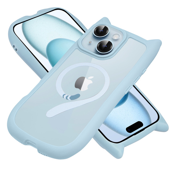 Case for iPhone 15, for MagSafe, Cute Cat, blue + Screen Glass