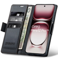 Case for Oppo Reno 12 Pro, ERBORD Glossy Litchi, wallet with flap, black