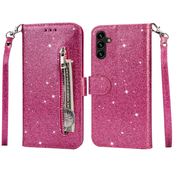 Flip case for Samsung Galaxy A55, Wallet Zipper Pocket Glittery, pink