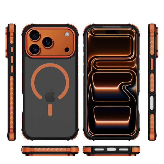 Matt Case for iPhone 17 Pro Max, armoured, for MagSafe, smoky with orange sides