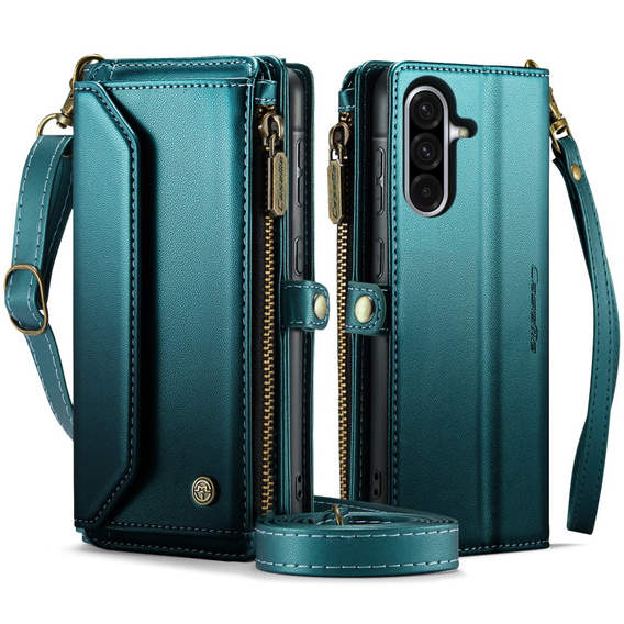 Case CASEME for Samsung Galaxy A56 5G, RFID Leather Wallet, with shoulder strap, green