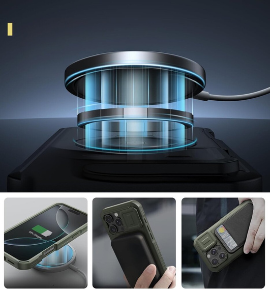 Armored case for iPhone 16 Pro Max, Dexnor CamProtect MagSafe, green (Two frames)