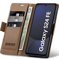 Case for Samsung Galaxy S24 FE, ERBORD Glossy Litchi, wallet with flap, brown