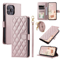 Flip case for iPhone 16 Pro, Rhombus Crossbody Leather, pink rose gold