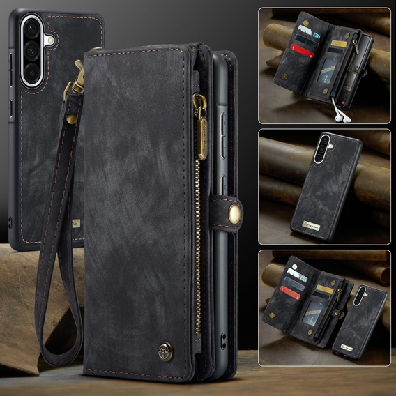 CASEME case for Samsung Galaxy A56 5G, Retro Leather Wallet, with strap, black