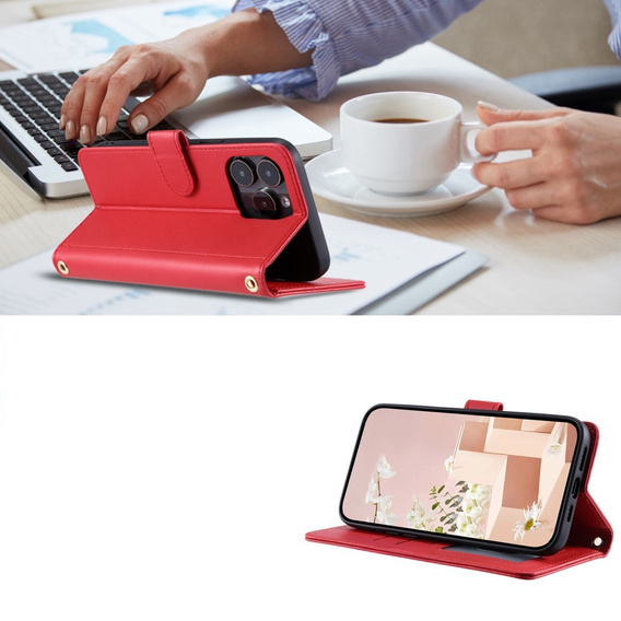 Flip case for iPhone 16 Pro, Rhombus Crossbody Leather, red