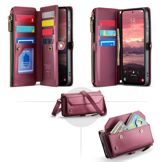 Case CASEME for Samsung Galaxy A56 5G, RFID Leather Wallet, with shoulder strap, red