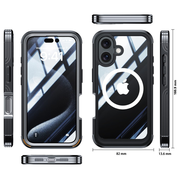 Case for iPhone 16 Plus, Shockproof, with glass, for MagSafe, black