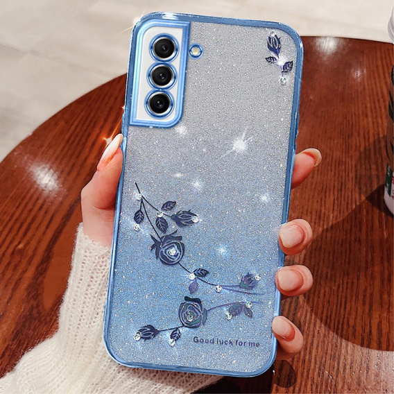 Case for Samsung Galaxy S21 FE, Glitter Flower, blue