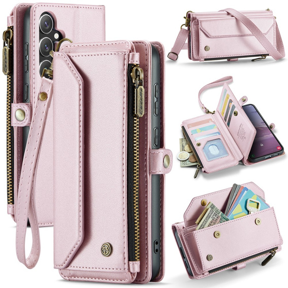Case CASEME for Samsung Galaxy S24 FE, RFID Leather Wallet, with shoulder strap, pink