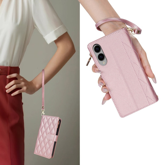 Flip case for Samsung Galaxy S25 Edge, Rhombus Crossbody Leather, pink rose gold