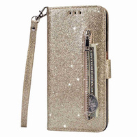 Flip case for Samsung Galaxy S24, Wallet Zipper Pocket Glittery, gold