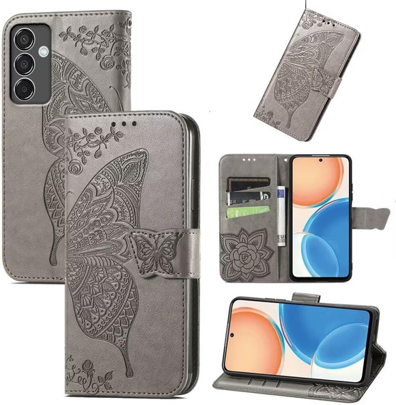 Flip case for Samsung Galaxy M55 5G, Butterfly, grey