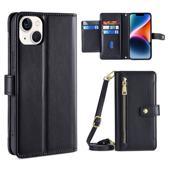 Flip case for iPhone 15, Wallet Zipper Pocket, black