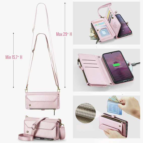 Case CASEME for Samsung Galaxy S25 FE, RFID Leather Wallet, with shoulder strap, pink