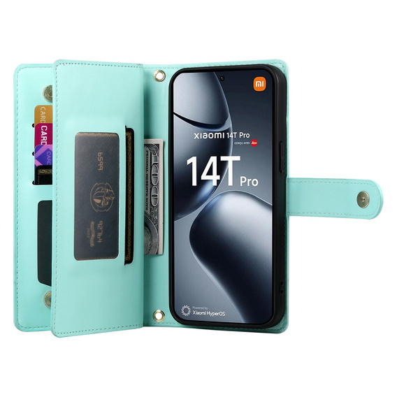 Flip case for Xiaomi 14T Pro, Wallet Zipper Pocket, green