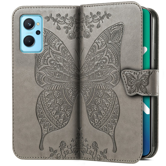 Flip case for Realme 9i / Oppo A96, Butterfly, grey