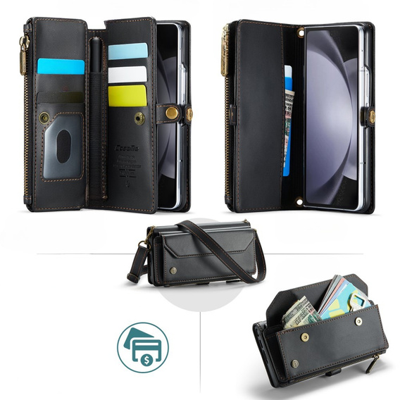 Case CASEME for Samsung Galaxy Z Fold6 5G, RFID Leather Wallet, with shoulder strap, black