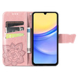 Flip case for Samsung Galaxy A15, Butterfly Flower, pink rose gold + 9H glass