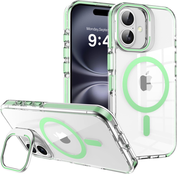 Case for iPhone 17, for MagSafe, with stand, transparent with green inserts