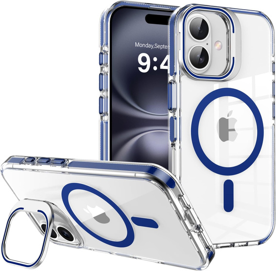 Case for iPhone 17, for MagSafe, with stand, transparent with dark blue inserts