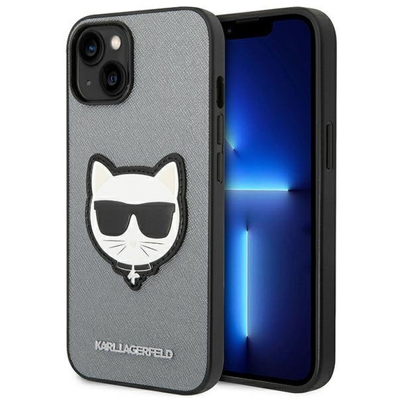Karl Lagerfeld Case for iPhone 14, Saffiano Choupette Head Patch, silver
