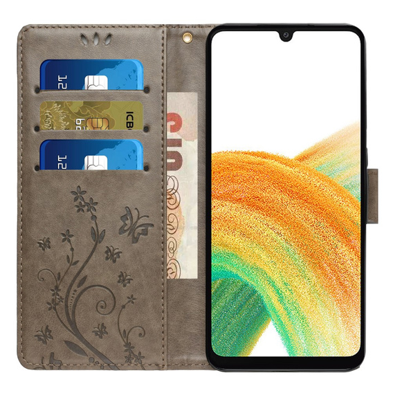 Flip case for Samsung Galaxy A25 5G, Butterfly, grey + 9H glass