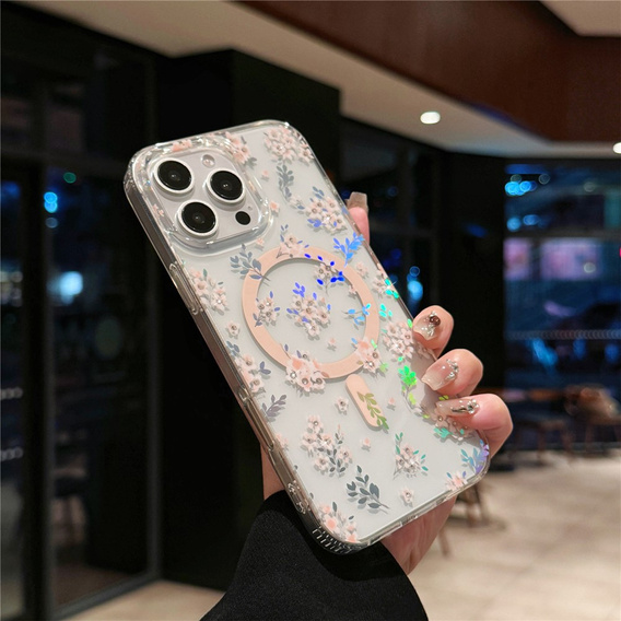 Magnetic case with floral laser pattern for iPhone 16 Pro