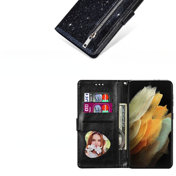 Flip case for Samsung Galaxy S24 Ultra, Wallet Zipper Pocket Glittery, black