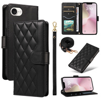 Flip case for iPhone 16E, Rhombus Crossbody Leather, black