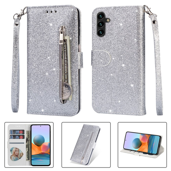 Flip case for Samsung Galaxy A35 5G, Wallet Zipper Pocket Glittery, silver