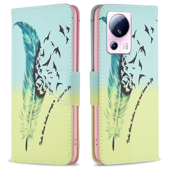 Flip case for Xiaomi 13 Lite, Wallet, feather, blue