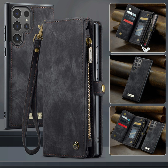 CASEME case for Samsung Galaxy S25 Ultra, Retro Leather Wallet, with strap, black