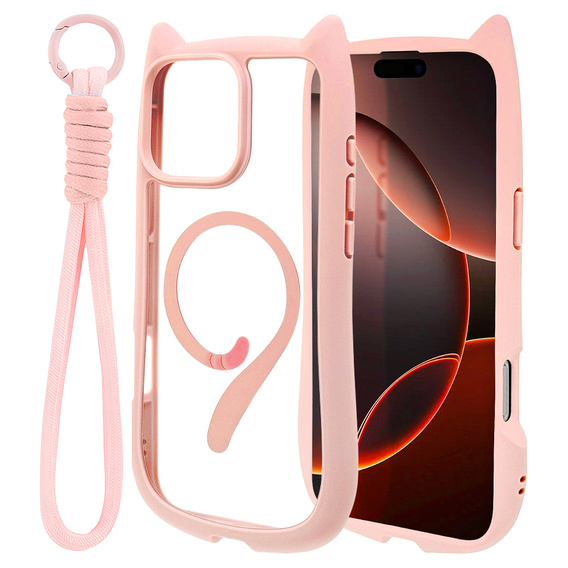 Case for iPhone 16 Pro, for MagSafe, Cute Cat, pink + Screen Glass