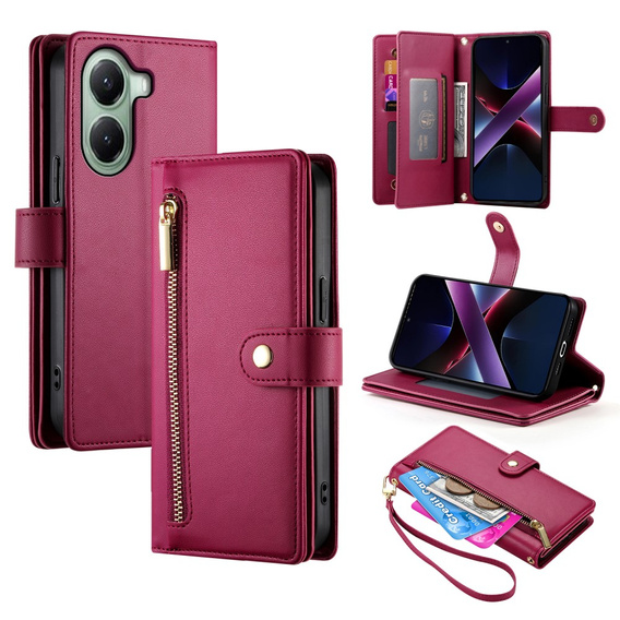 Flip case for Xiaomi Poco X7 Pro 5G, Wallet Zipper Pocket, red