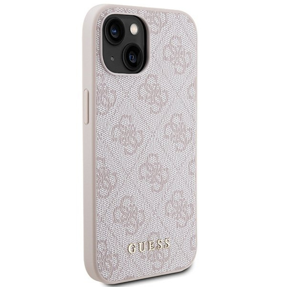 GUESS Case for iPhone 15, 4G Metal Gold Logo, pink