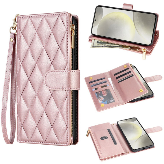 Flip case for Samsung Galaxy A56 5G, Rhombus Crossbody Leather, pink rose gold