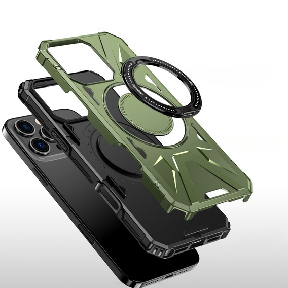 Case for iPhone 16 Pro, armored with stand and handle plate, green