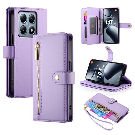 Flip case for Xiaomi 14T Pro, Wallet Zipper Pocket, purple