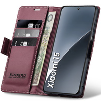 Case for Xiaomi 15, ERBORD Glossy Litchi, wallet with flap, red