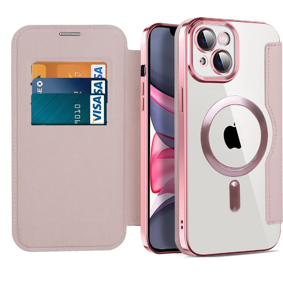 Flip case for iPhone 14, RFID Wallet MagSafe CamShield, pink